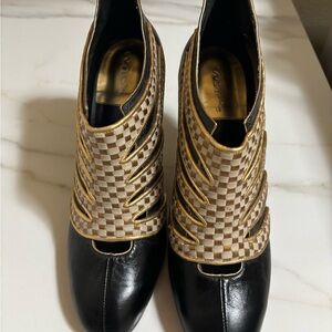 Woven Gold-Trim Black and Beige Heeled Women's Booties
